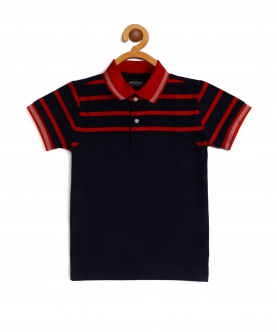 Kids Navy And Red Cut And Sew Polo Cotton T-Shirt