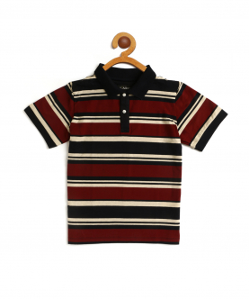 Kids Maroon and Navy Striped Polo Cotton T-Shirt