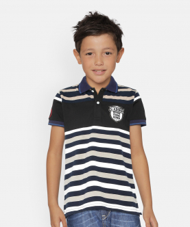 Boys Black Striped Polo Cotton T-Shirt