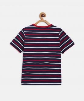 Blue Striped Round Neck Cotton T-Shirt