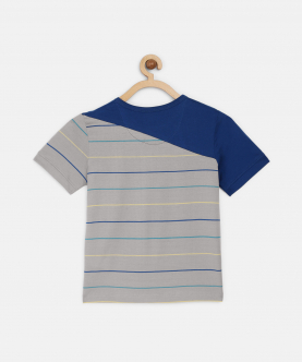 Grey Colourblocked Striped Mercerised Cotton T-Shirt