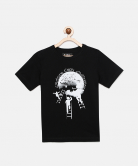 Black Printed Round Neck Cotton T-Shirt