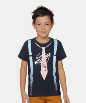 Boys Navy Blue Tie Printed Round Neck Cotton T-Shirt