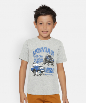 Boys Grey Heather Car Printed Round Neck Cotton T-Shirt