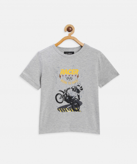 Boys Grey Racer Printed Round Neck Organic Cotton T-Shirt