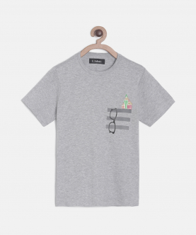 Grey Pencil And Glasses Printed Round Neck Cotton T-Shirt