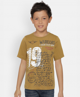 Boys Mustard Printed Round Neck Cotton T-Shirt