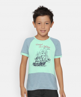 Aqua Sailboat Printed Round Neck Cotton T-Shirt