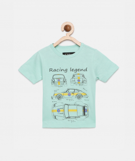 Boys Sea Green Car Printed Round Neck Cotton T-Shirt