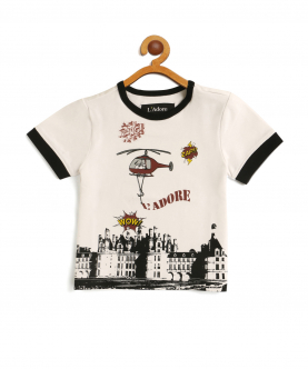Kids White Helicopter Printed Round Neck Cotton T-Shirt