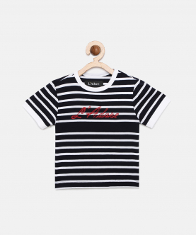 Black Striped Round Neck Cotton T-Shirt