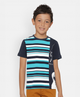 Boys Blue Striped Round Neck Cotton T-Shirt
