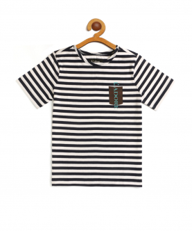 Kids White And Blue Striped Round Neck Organic Cotton T-Shirt