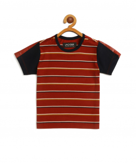 Kids Red Striped Half Sleeves Mercerised Cotton T-Shirt