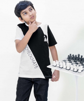 White and Black Embroidered Chess Cotton Half Sleeves Tshirt