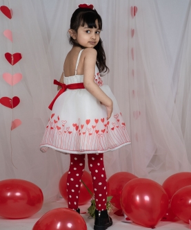 Little Red Printed Heart Embroidery Organza Sleevless Dress