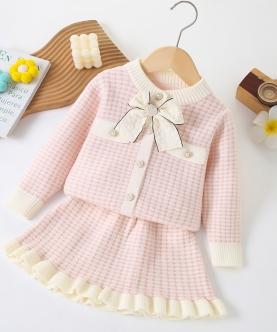 Pink & Cream Big Bow Top & Skirt set for Toddlers and Kids