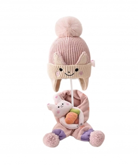 Pink Bunny with Carrot  Kids Winter Cap & Neck Muffler Set