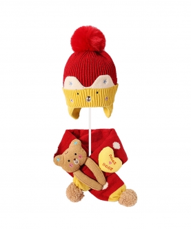 Red & Yellow Bear Winter Cap & Neck Muffler Set