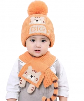 Orange Tiger Woolen Winter Cap with Muffler Set (3-10yrs)