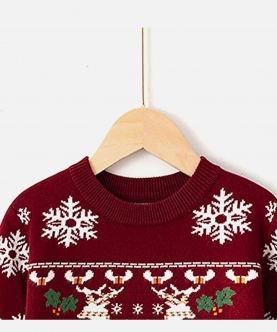 Maroon, Snowflakes & Deer Cardigan Sweater, Round Neck