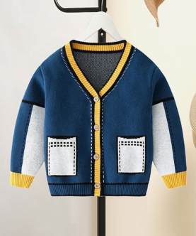 Blue With Striking Mustard Stripes Cardigan Sweater V Neck