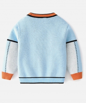 Light Blue With Striking Orange Cardigan Sweater V Neck