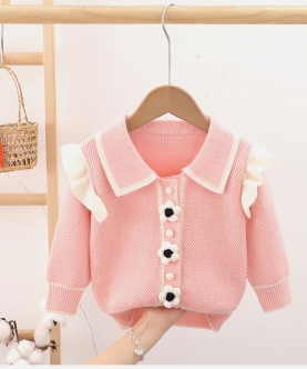Baby Pink Knitted Cardigan V Neck Sweater With Flower Button
