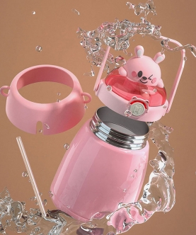 3D Bunny Head Sticker Water Bottle With Handle,Pink,950Ml