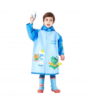 3D Dino Blue Sleeves & Hood Knee Length Raincoat For Kids