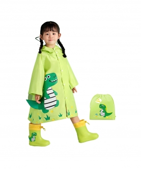 Fluorescent Green Dino Park Raincoat For Kids And Toddlers