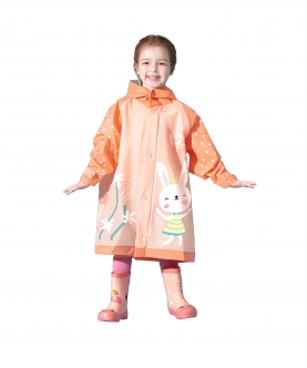 3D Bunny Orange Sleeves & Hood Knee Length Raincoat