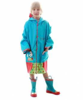 Blue Polka Dots Owl Knee Length Raincoat For Kids