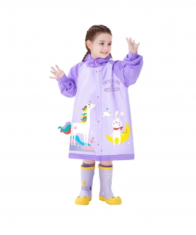 3D Unicorn Lilac Sleeves & Hood Knee Length Raincoat