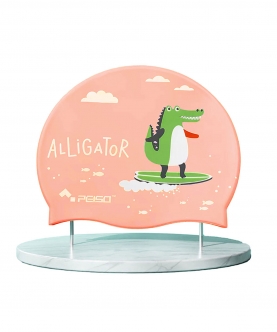 Silicone Kids Swimming Cap, Surfer Alligator Print , Peach