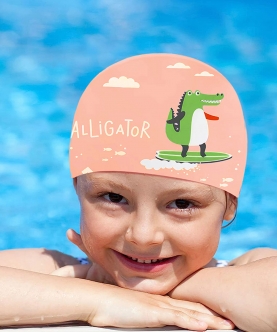 Silicone Kids Swimming Cap, Surfer Alligator Print , Peach