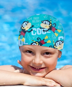 Silicone Kids Swimming Cap, Cool Scuba Monkey, Green