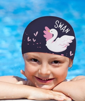 Silicone Kids Swimming Cap, Floating Swan, Navy