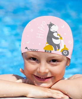 Silicone Kids Swimming Cap, Rider Hippo Print, Pink