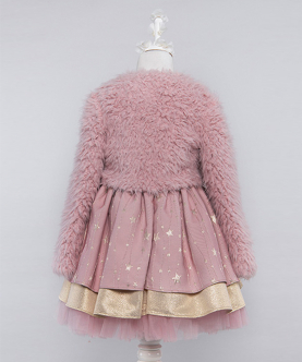 Girl Star Printed Fabric Layered Tulle Dress With Artificial Fur