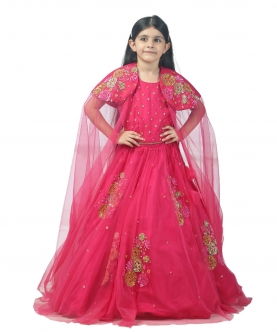 Pink Net Embroidered Lehenga With Cape Sleeves