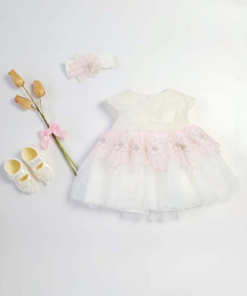Baby White Net Dress Including Booties And Headband