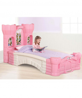 Step2 Princess Palace Twin Bed for Girls - Kids Durable Plastic Platform Bed with Headboard, Mattress Support Board and Built-in Light, Pink/White
