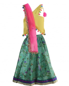 Yellow Crisscross Blouse With Pompoms And Green Printed Lehenga With Dupatta