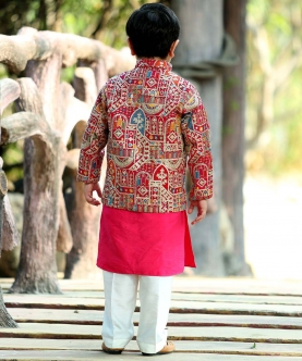 Floral Thread Work Jacket With Vibrant Kurta And Pyjama