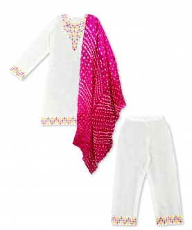 White kurta set with colorful embroidery for girls
