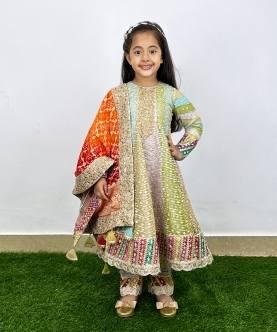 Multi Color Embroidered Anarkali Set With Bandhani Dupatta