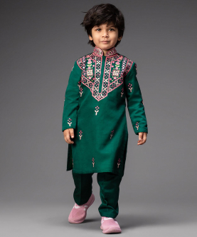 Emerald Green Embroidered Kurta With Pants For Kids