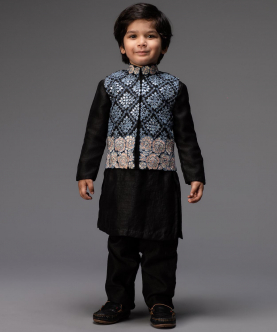 Charcoal Black Embroidred Nehru Jacket With Kurta And Pants For Kids