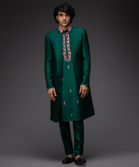 Emerald Green Embroidered Kurta With An Open Jacket And Narrow Pants For Men